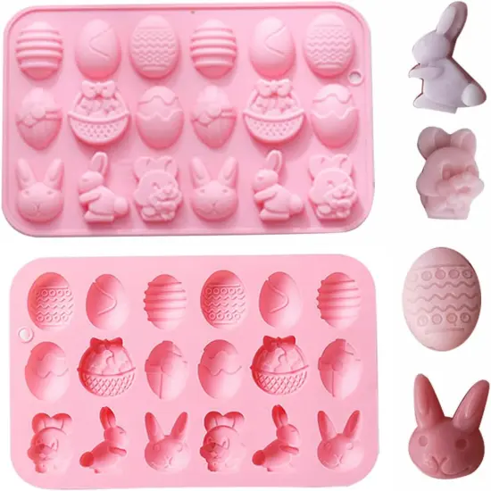 Easter Silicone Chocolate Mold 2 Pieces Egg Rabbit Bunny Shaped Mould for Chocolate Candy Cake Fondant Jelly Pudding Manual Soap Hot Chocolate Cocoa Bombs Making of Easter Party Decoration {1}