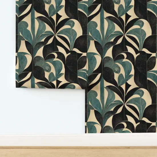 Pre-Pasted Wallpaper 2FT Wide Art Deco Leaves Botanical Geometric 1920S Arches Abstract Weathered Faux Distressing Vintage Antique Retro Black And Green Custom Pre-pasted Wallpaper by Spoonflower {2}