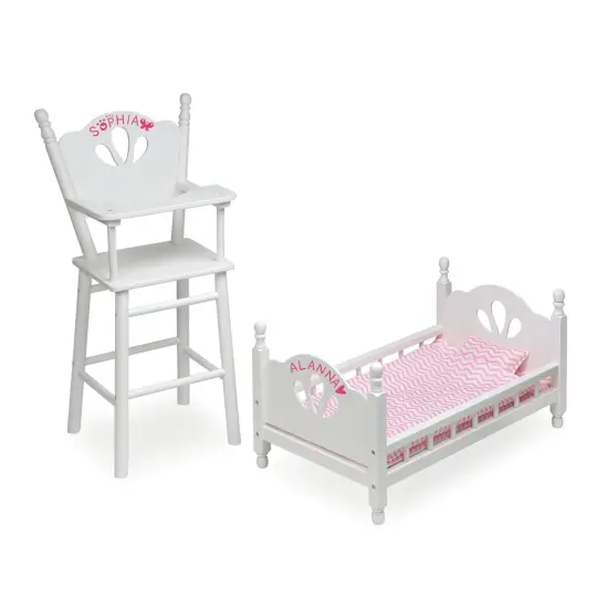Badger Basket English Country Doll High Chair and Bed Set with Chevron Bedding and Free Personalization Kit - White/Pink {4}