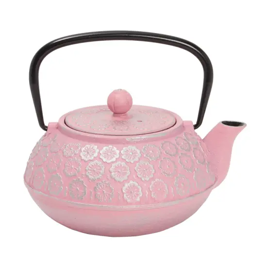 Pink Floral Cast Iron Teapot Kettle with Stainless Steel Loose Leaf Infuser (34 oz) {7}