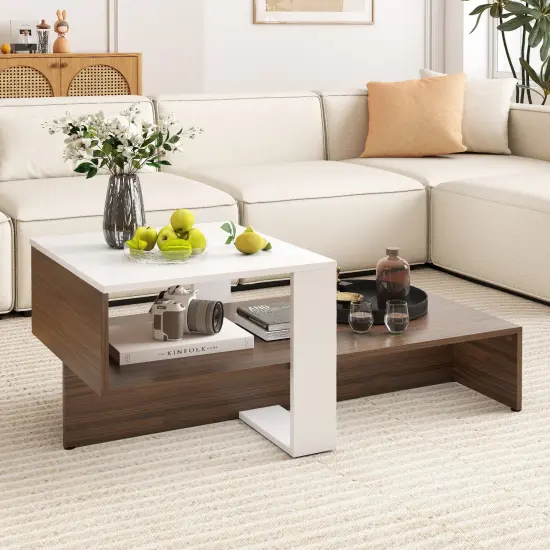 Engineered Wood Coffee Table with Geometric Shelf 2 Tier {5}