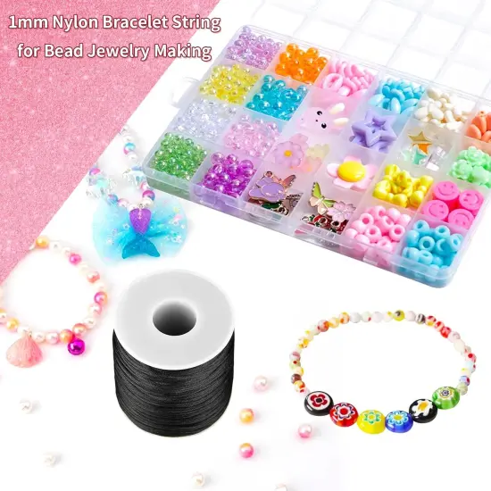 Black Nylon String Cord - 1MM 100 Yards Black Twine, Bracelet String for Bracelet Making, Braided Ornament Lanyard Thread, Jewelry Thread Clay Bead Cords for Crafts, Macrame Satin {1}