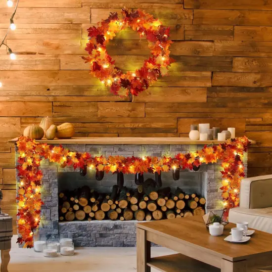2 Pack Fall Maple Leaves Garland with LED Light 5.7 Feet Artificial {4}