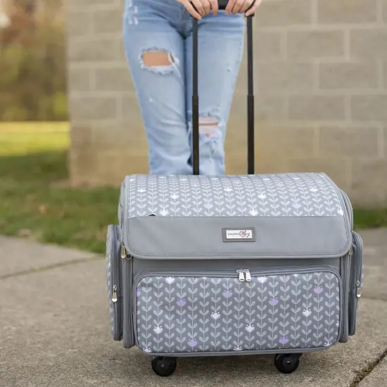 XL 4 Wheel Collapsible Deluxe Rolling Sewing Machine Storage Case, Purple Floral {6}