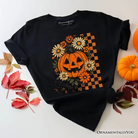 Checkered Floral Pumpkin T-Shirt, Retro Preppy Halloween Tee for Spooky Season Vibes {1}