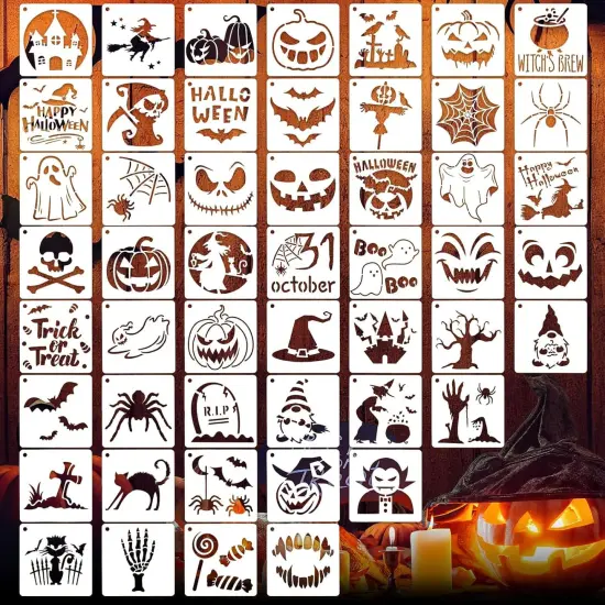50 PCS Halloween Stencils Reusable Ghost Bat Pumpkin Stencils, 4x4 Inch (Halloween) {1}