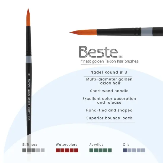 Creative Mark Beste Golden Taklon Nadel Round, #8 Artist Paint Brush, Professional Watercolor Brushes, For Acrylic Painting, Short Handle, Sharp Edges, Hand-Tied & Shaped {3}