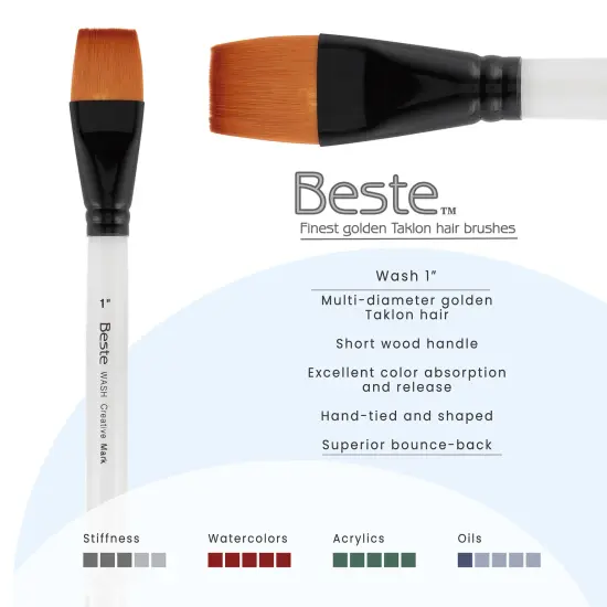 Creative Mark Beste Golden Taklon Gold Wash 1" Artist Brush, Professional Watercolor Brushes, For Acrylic Painting, Short Handle, Sharp Edges, Hand-Tied & Shaped {3}
