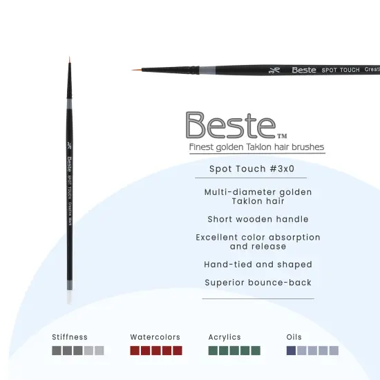 Creative Mark Beste Golden Taklon Spot Touch, #3x0 Artist Paint Brush, Professional Watercolor Brushes, For Acrylic Painting, Short Handle, Sharp Edges, Hand-Tied & Shaped {3}