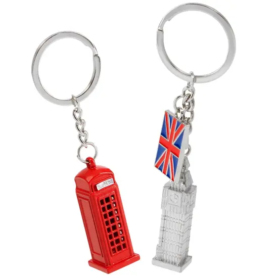 6 Pack London Keychain Souvenir Gifts, London Souvenir Gift, Key Rings with British UK Flag, Phone Booth, Big Ben, Double-Decker Bus, England Red {6}