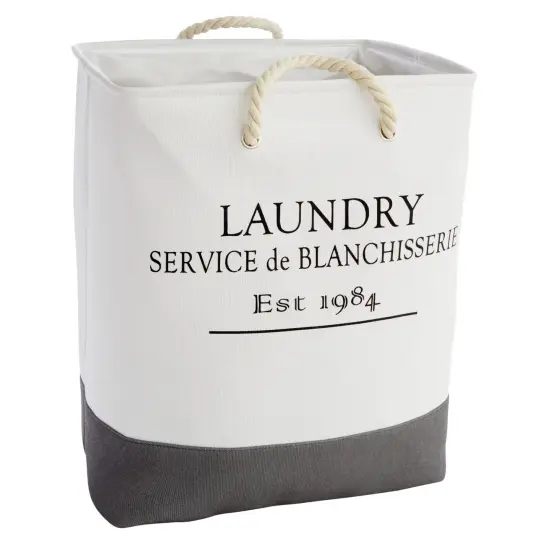 Canvas Laundry Basket with Handles for Bathroom, Bedroom (White and Gray, 60 L Capacity, 12x16x19.2 In) {1}