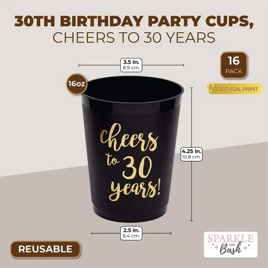 16 Pack Black 30th Birthday Plastic Tumbler Cups 16 oz for Anniversary Party Supplies, Cheers to 30 Years {2}