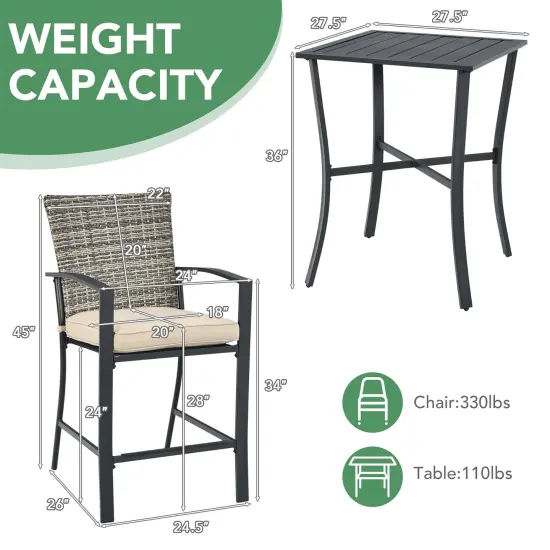 3PCS Patio Rattan Bar Furniture Set Slat Table 2 Cushioned Stools Poolside Gray {3}