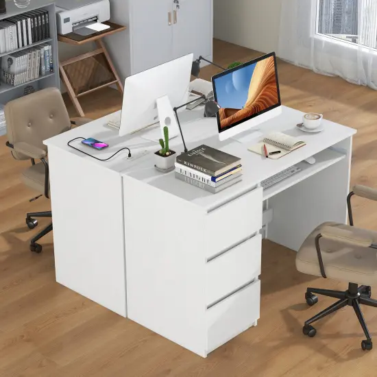 Costway Computer Desk with Power Outlet Keyboard Tray & 3 Large Drawers Type-C & USB Ports White/Natural {5}