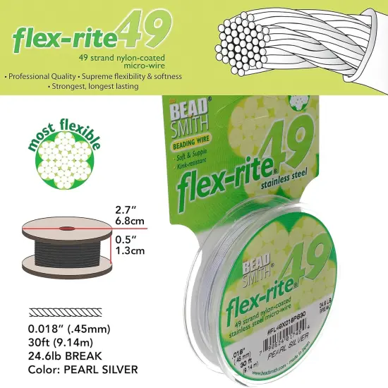 The Beadsmith Flex-Rite 49 Strand Nylon Coated, Stainless-Steel Beading Wire, Jewelry Making Supply (.018 Dia, Pearl Silver - 30 Ft) {4}