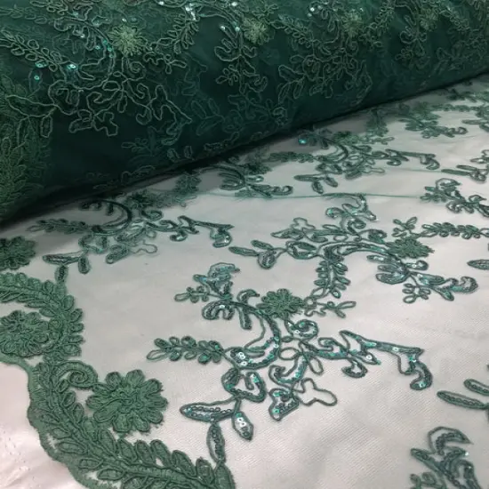 1 Yard Hunter Green Metallic Flowers Sequins Mesh Lace Fabric for Tablecloths and Costumes {3}