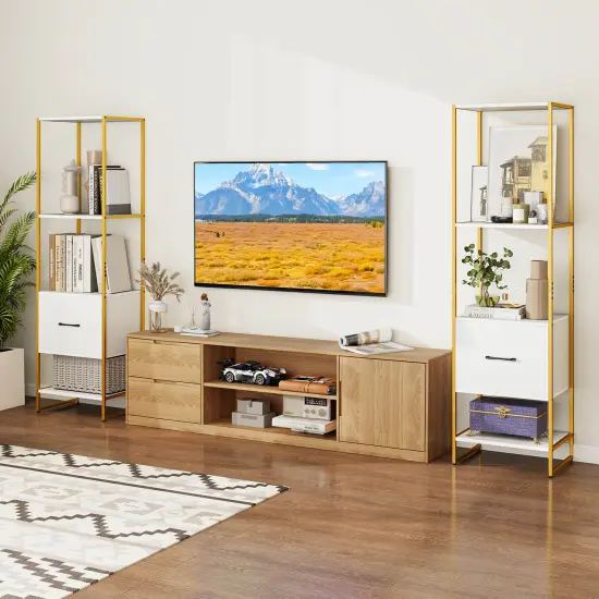 Costway 5-Tier Bookshelf with 4 Open Shelves Storage Drawer Modern Book Storage Organizer Brown/White {2}