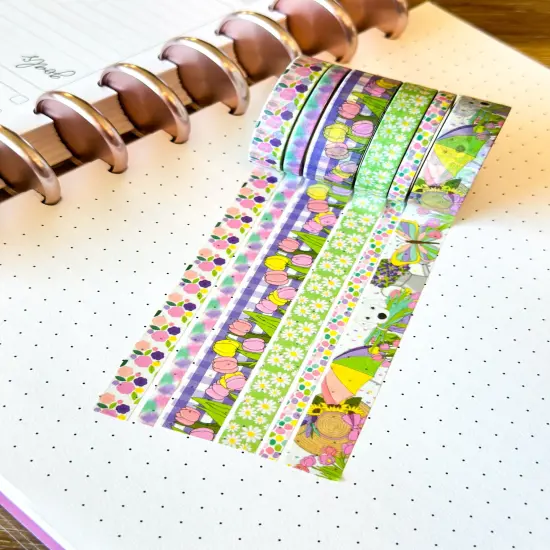 Spring Tulips Umbrellas Cute Pastel Pink Teal Yellow Washi Tape Set May 2025 - W131 {2}