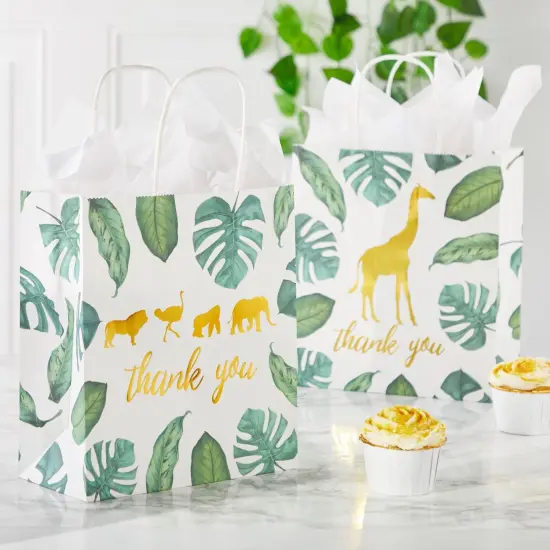12 Pack Safari Thank You Bags with Tissue Paper, Wild One 1st Birthday Themed Decorations for Girls and Boys (8 x 9 x 4 In) {2}