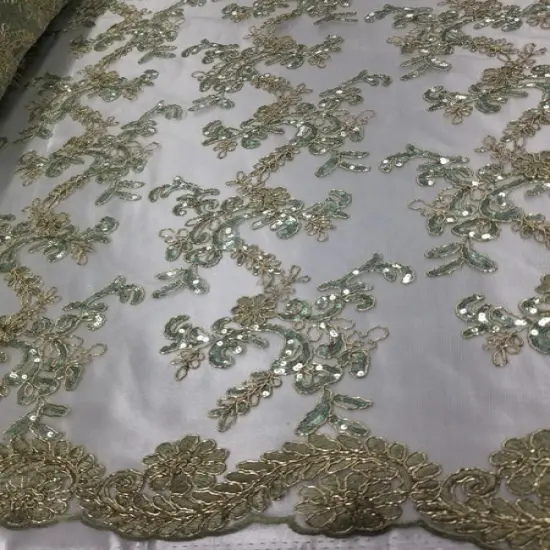 1 Yard Mint Metallic Flowers Sequins Mesh Lace Fabric for Tablecloths and Costumes {4}