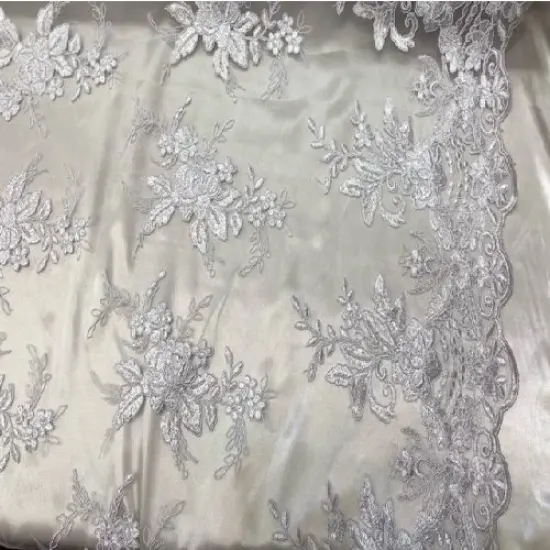 1 Yard Premium Sequin Lace Fabric with Embroidered Cord Mesh and Double Scalloped Border 51" Width {1}