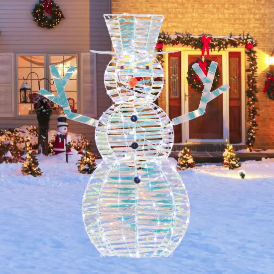 Costway 4 ft Iridescent Christmas Snowman with 100 White LED Lights Ground Stakes Zip Ties {2}