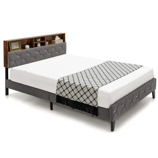 Costway Bed Frame Upholstered Platform Mattress Foundation with Storage Headboard {7}