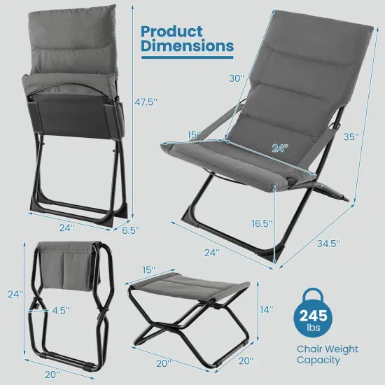 Costway Patio Folding Sling Chair with Ottoman Footrest & Removable Cushion Ottoman Set {3}