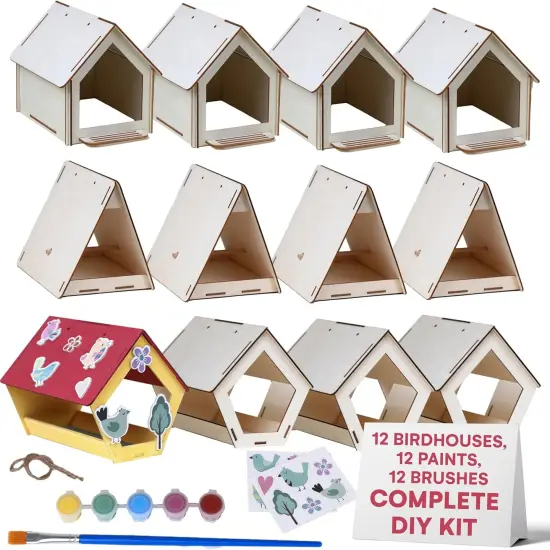 12 Wooden Birdhouses to Paint &ndash; DIY Craft Kit for Kids with Durable Plywood & Safe Materials {1}