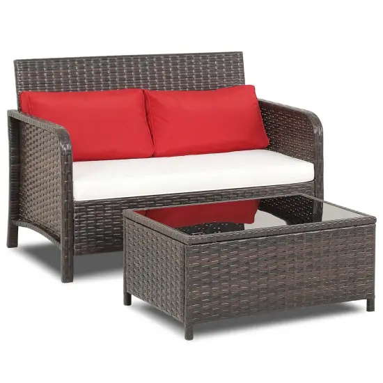 Costway 2 PCS Outdoor Patio Wicker Furniture Set with Tempered Glass Tabletop & Cushions {2}