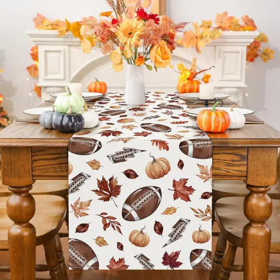 Fall Football Table Runner 13x72 Inch Rugby Pumpkin Maple Leaf {2}