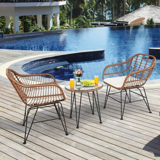 Costway 3PCS Patio Rattan Bistro Set Coffee Table Armchair Garden {7}