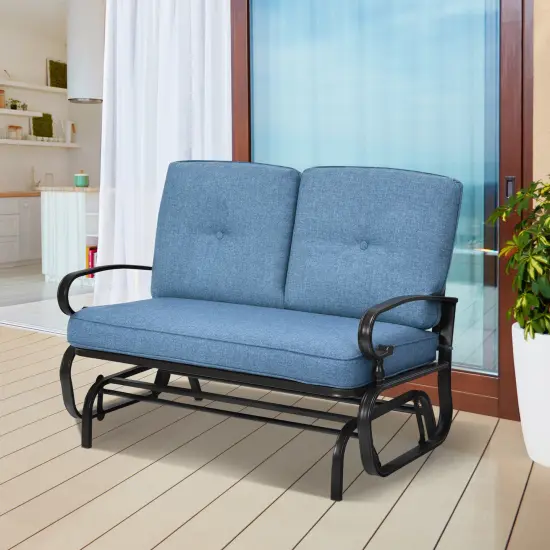 Costway Glider Outdoor Patio Rocking Bench Loveseat Cushioned Seat Steel Frame Blue {4}