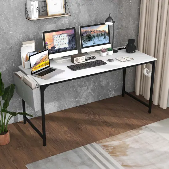 Costway 60" Modern Computer Desk with Charging Station with Storage Bag & Headphone Hook White {4}
