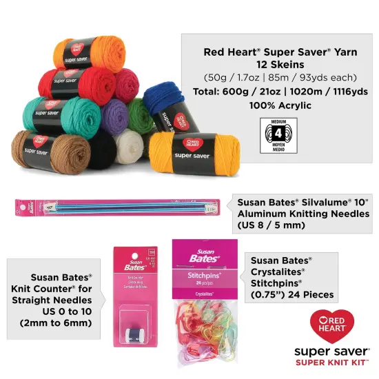 Red Heart Super Saver Super Yarn Kit 10 pack-Knit W/Accessories {6}