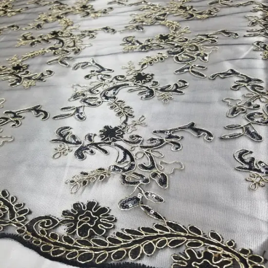 1 Yard Black Champagne Metallic Flowers Sequins Mesh Lace Fabric for Tablecloths and Costumes {4}