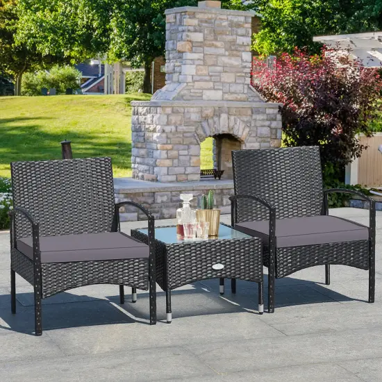 Costway 3 PCS Patio Wicker Rattan Furniture Set Coffee Table & 2 Rattan Chair W/Cushion {7}