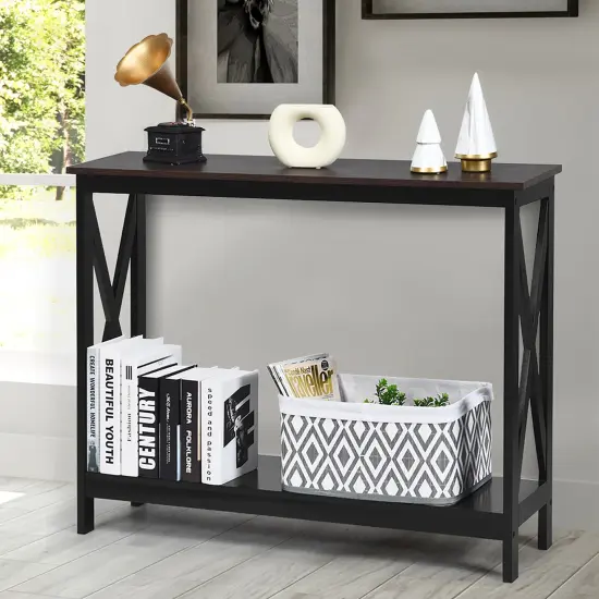 Costway 2-Tier Console Table x-Design Bookshelf Sofa Side Accent Table w/Shelf White\ Black\Espresso\Wood Grain {6}