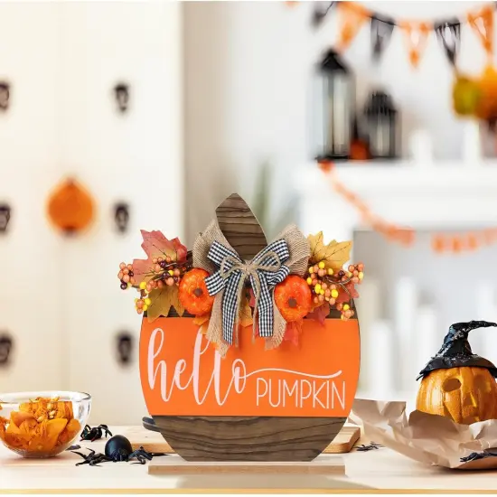 Wooden Autumn Hello Pumpkin Sign Table Top Decor {4}