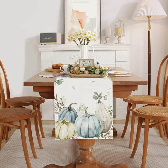 Fall Pumpkins Eucalyptus Leaves Table Runner, 13x72 Inch Thanksgiving Table Runner {2}