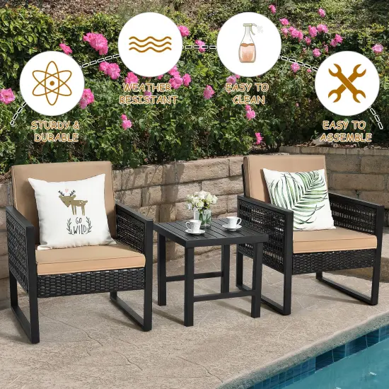 Costway 3PCS Patio Rattan Bistro Furniture Set Cushioned Sofa Chair Coffee Table Garden {6}