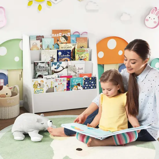 Costway 4-tier Kids Wooden Bookshelf Toddlers Book Rack with Deep Shelves Natural/White {4}