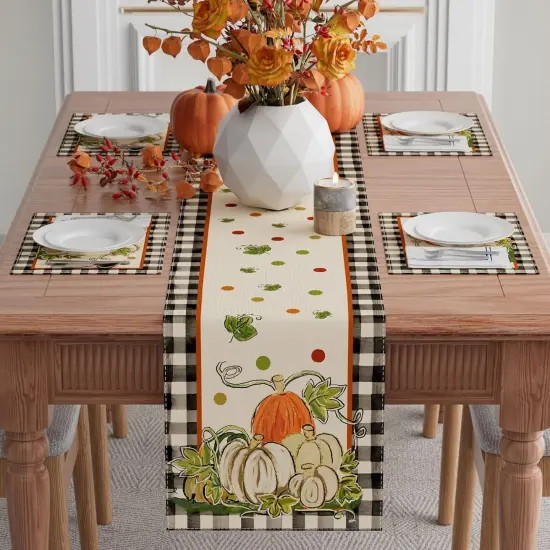 Fall Pumpkin Dots Plaid Table Runner Table Decoration,13x72 Inch {2}