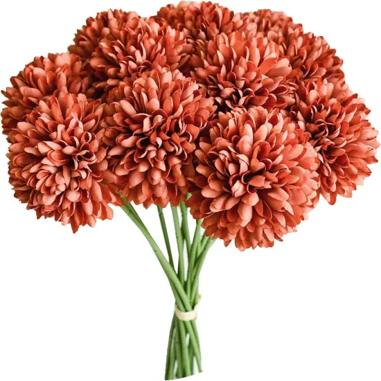 Orange Artificial Ball Chrysanthemum 12 Stems Faux Flowers {1}