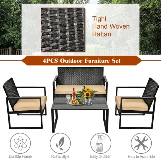 Costway 4PCS Patio Rattan Furniture Set Cushioned Sofa Coffee Table Garden Deck Brown {5}