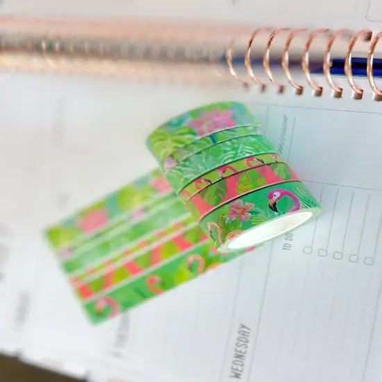 Tropical Flamingos Leaves Vacation Lush Green Pink Washi Tape Set August 2025 - W137 {2}
