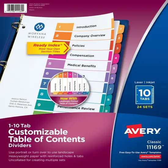 Avery Ready Index 10 Tab Binder Dividers, Customizable Table of Contents, Multicolor Tabs, 24 Sets (11169) {1}