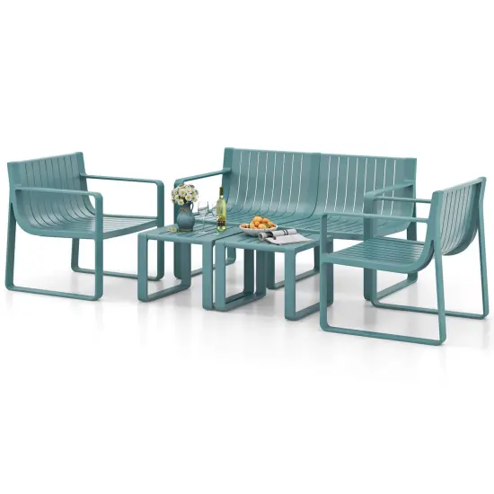 Costway 5 PCS Patio Furniture Set with 1 Loveseat 2 Patio Chairs & 2 Side Tables Blue/White {2}