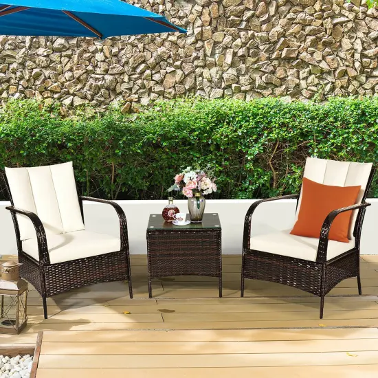 Costway 3 PCS Patio Rattan Furniture Set Coffee Table & 2 Rattan Chair W/White Cushions {4}