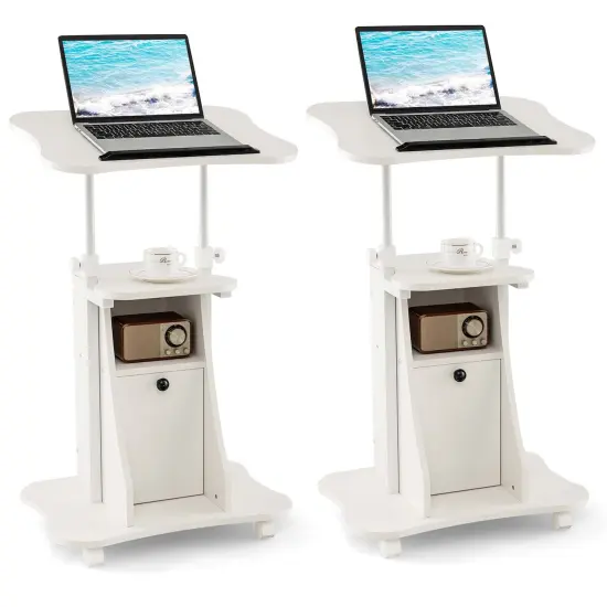 Costway 2 PCS Mobile Podium Stand Office Laptop Cart with Storage Adjustable Height White/Black {1}